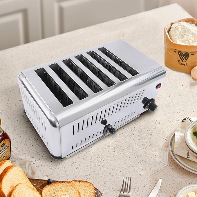 6 Slot Commercial Toaster - 6 Slice Wide Slot Stainless Steel Toaster for Restaurant and Home Kitchen, One-Piece Molding Process (1680W 110V)