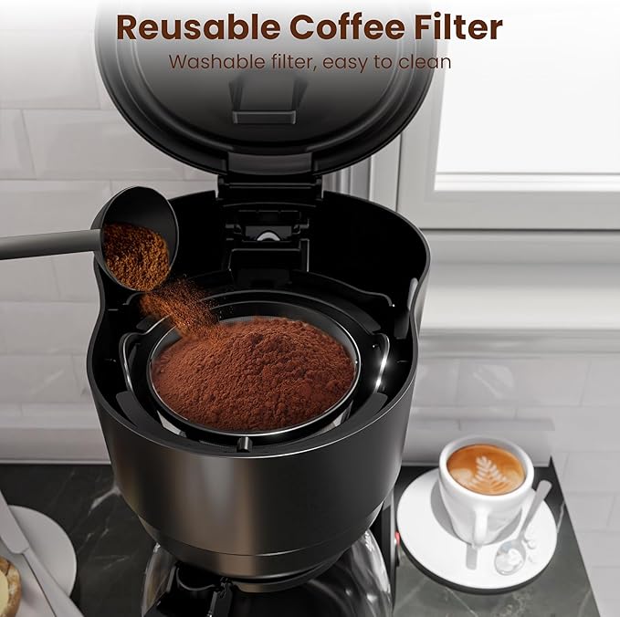 WAA 5 Cup Drip Coffee Maker, Portable Coffee Machine, Glass Coffee Pots with Reusable filter, Delay Brew, Anti-Drip Design, Dry-Burn Protection, One-Touch Operation, 25oz Water Reservoir, Black