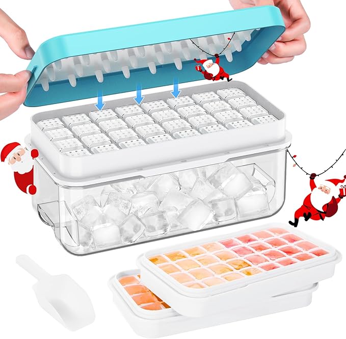 Ice Cube Tray with Lid and Bin, PHINOX 64 pcs Ice Trays for Freezer, Ice Cube Trays for Freezer with 2 trays, Container, Lid & Ice Scoop, BPA Free