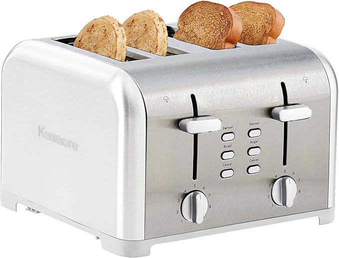 Kenmore toaster 4 slice - extra wide slot countertop kitchen appliance, defrost function, tostador de pan, 9 shade settings, compact design, easy clean crumb tray, bread bagel, stainless steel & White
