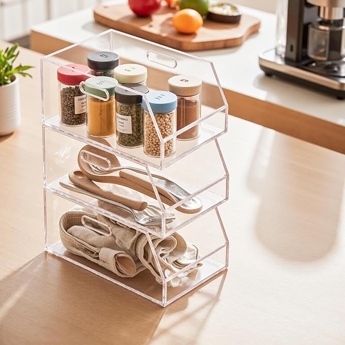 Gelite Stackable Storage Bin Organizer with Handles Acrylic Storage Container for Toy Pantry Kitchen Cabinet Bathroom Closet Office Organization, 11.4x7.5x5.1'', Clear