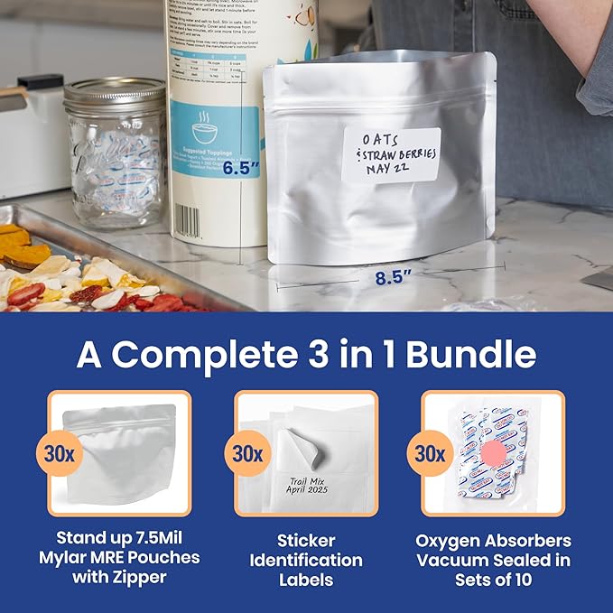 Wallaby 10 Count MRE Mylar Bags with 400cc Oxygen Absorbers, 15 Mil Total Thickness Long-Term Food Storage Pouches, 6.5x8.5 Stand-Up Zipper Heat-Sealable Airtight Packaging - Silver