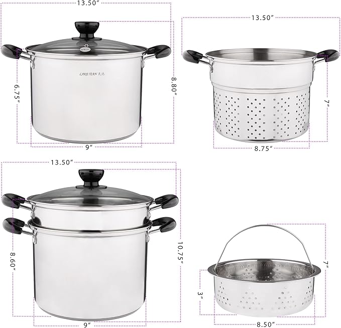 Stainless Steel Pasta Pot With Strainer Insert 4pc 10 Quart, Steamer for cooking, Spaghetti Pot, Stock & Pasta Pots Multipots, Steamer Set With Basket With Lid, Induction Compatible