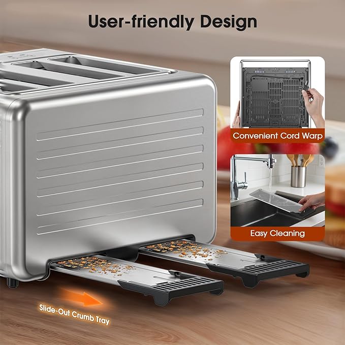 Smart Toaster 4 Slice Wide Slot– Dual Digital TouchScreen & Independent Control for Family | 1800W Stainless Steel for 6 Bread Types & Toast Settings | Defrost Reheat & Single-Slice Modes