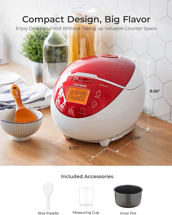 CUCKOO Micom Rice Cooker 6 Cup Uncooked / 12 Cup Cooked, Fuzzy Logic Rice Maker with Delay Timer & Keep Warm Setting, Versatile Food Steamer for Cooking, Non-Stick Inner Pot, Red (CR-0655F)