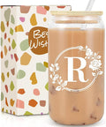 Birthday Gifts for Women, Monogrammed Initial Glass Cup Personalized Gifts for Women, 16oz Glass Cups with Lids and Straws, Iced Coffee Cup, Beer Can Shaped Glass - Gifts for Christmas, Birthday, R