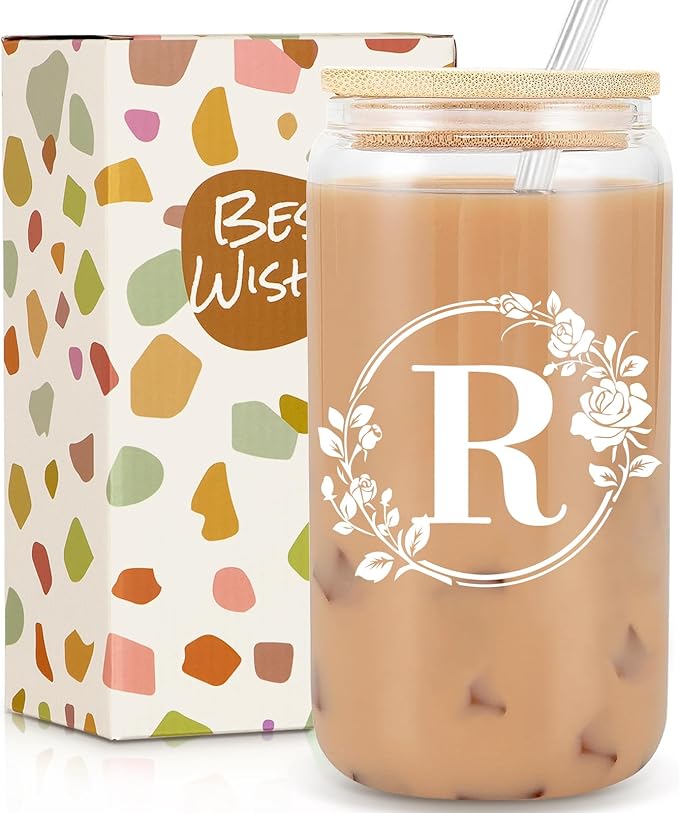 Birthday Gifts for Women, Monogrammed Initial Glass Cup Personalized Gifts for Women, 16oz Glass Cups with Lids and Straws, Iced Coffee Cup, Beer Can Shaped Glass - Gifts for Christmas, Birthday, R