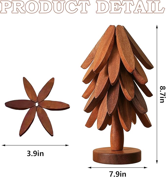 Natural Walnut Wood Tree Trivet Set – 3 Foldable Wooden Trivets with Stand, Handmade Heat Resistant Coasters for Hot Dishes, Pots & Pans, Premium Kitchen Décor Gift