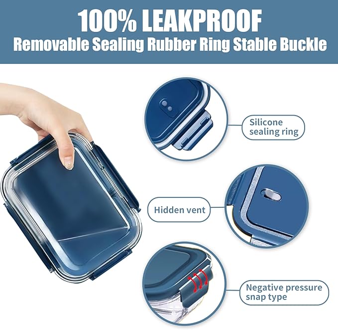 Glass Food Storage Containers 5 Pack,Three Sizes Glass Meal Prep Containers with Snap Lock Leakproof Lids,Lunch Box for Microwave,Freezer,Oven and Dishwasher