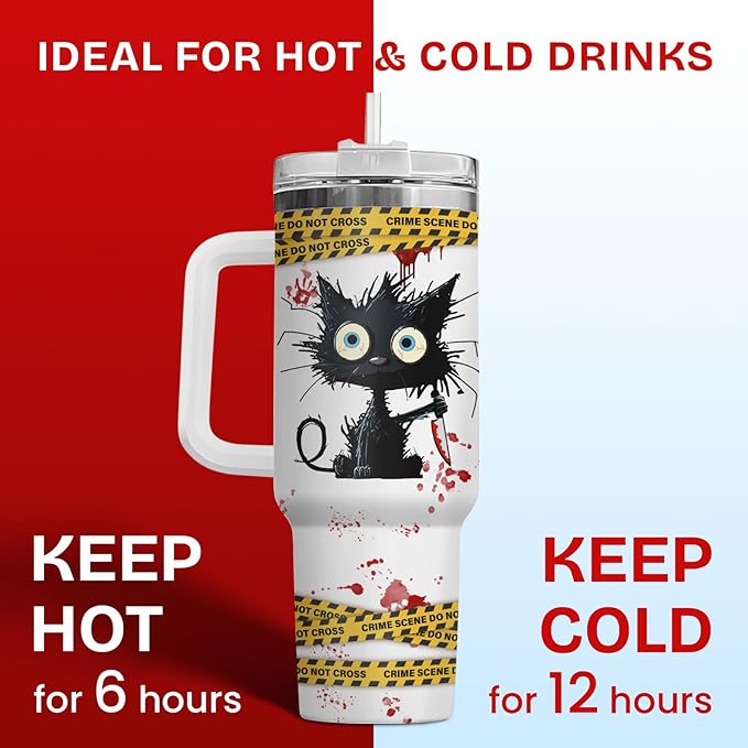 34HD Horror Cat Tumbler with Lid & Straw, 40oz Stainless Steel Vacuum Insulated Coffee Mug with Kitty, Horror Movie Cup, Black Cat Gifts for Women Birthday Halloween Christmas Mothers Day
