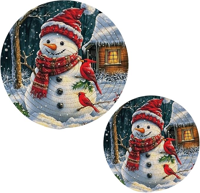 Snowman Red Bird Winter House Kitchen Trivets Pot Holders Set of 2, Trivets for Hot Pots Dishes Woven Trivet Coaster Pad Mat for Counter
