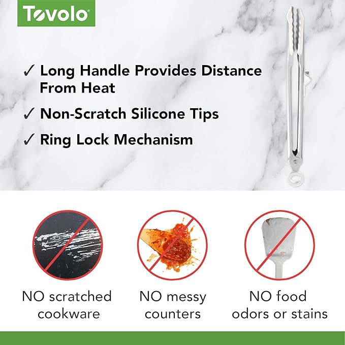 Tovolo Tongs With Silicone Tips Easy Grip 13” Long Kitchen Tongs Stainless Steel Handle For Cooking BBQ, Non Scratch Heat Resistant Locking Metal Tongs Silicone Tipped Dishwasher Safe BPA Free, White