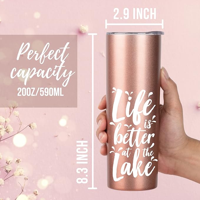 Onebttl Lake House Gifts for Women, 20oz Stainless Steel Insulated Tumbler, Housewarming Gifts for Lake Lovers - Rose Gold, Life is Better at the Lake 01
