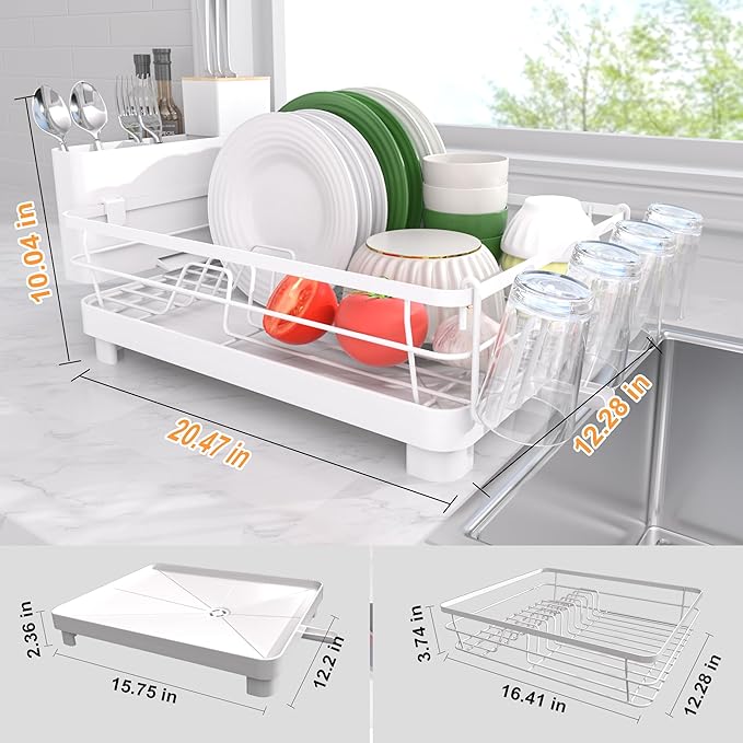 Runnatal Dish Drying Rack, Stainless Steel Dish Rack with Drainboard for Kitchen Counter and Sink, Detachable 2-in-1 Utensil Holder, Cup Holder, Large Capacity Dish Drainer, White