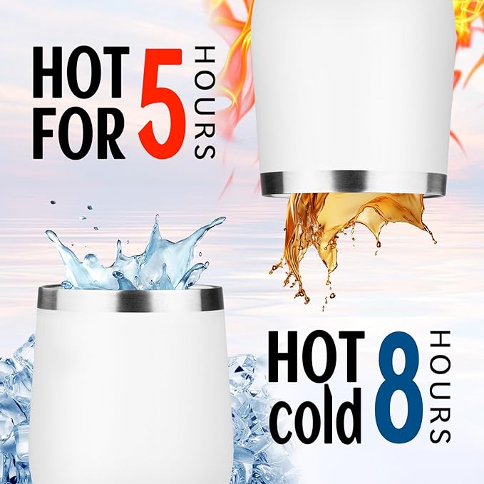 12oz/4 Pack Stainless Steel Wine Tumbler with Lids, Double WallVacuum Stainless Steel Travel Tumbler,Insulated Wine GlassesTravel Tumbler for Cold & Hot Drinks,Cup for ChampaignCoffee(white+Blue)