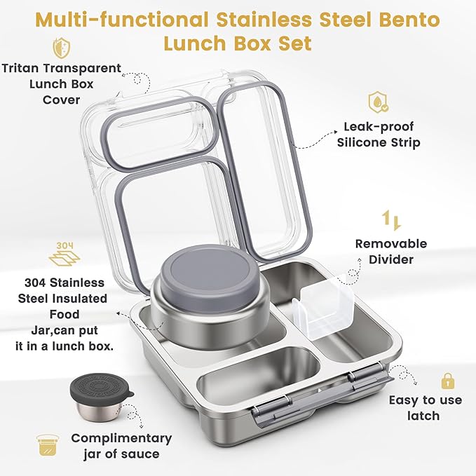 Stainless Steel Bento Box Kids Adult with 7oz Soup Thermo, Transparent Lid 3 Compartments Metal Bento Lunch Box with Insulated Food Jar,Lunch Box Container Sauce Cup for School,BPA-Free(Grey)