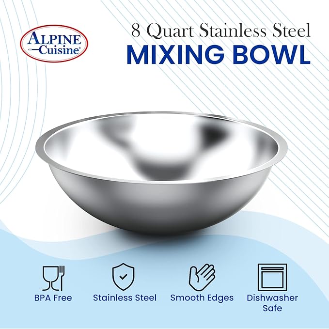 Alpine Cuisine Deeper Edge 8-Quart Stainless Steel Mixing Bowl - Heavy Duty & Dishwasher Safe, Perfect for Meal Prep, Salads & Serving