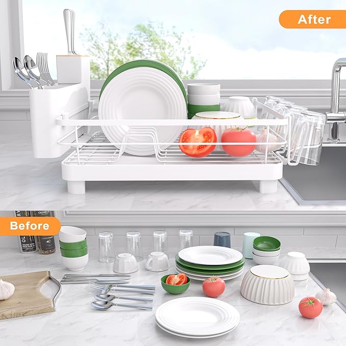 Runnatal Dish Drying Rack, Stainless Steel Dish Rack with Drainboard for Kitchen Counter and Sink, Detachable 2-in-1 Utensil Holder, Cup Holder, Large Capacity Dish Drainer, White