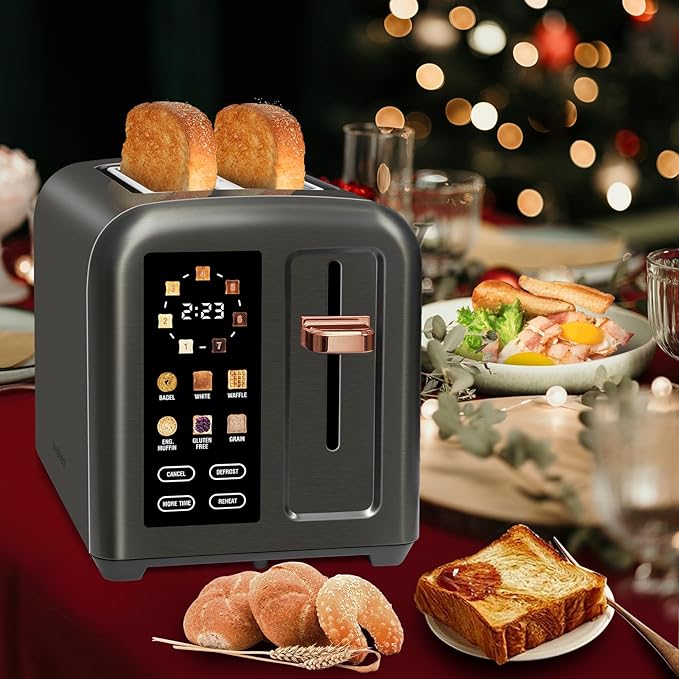 SEEDEEM Toaster 2 Slice, Touch Control Stainless Toaster LCD Display, 50% Faster Heating Speed, 1.4'' Wide Slots, More Timer Functions, Removable Crumb Tray, 1350W, Dark Metallic