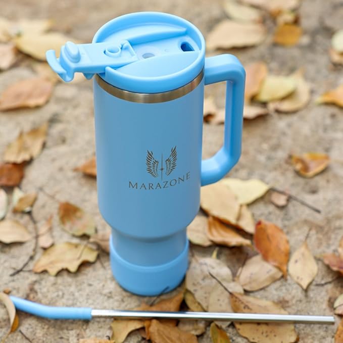 40 oz Insulated Tumbler with Handle and Straw – Stainless Steel Double Wall Vacuum Cup Fits Car Cup Holder, Hot Cold Travel Mug, BPA Free Reusable Water Bottle Gift for Women Men - Sky Blue