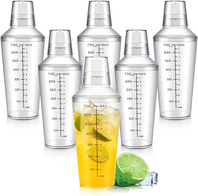 Plastic Boston Cocktail Shaker Set, 6 Pack 24oz Shatterproof Bartender Kit with Built-in Strainer Lids, Travel Bar Tools for Beginners, Mixing Martinis, Margaritas (700ML-A, 6 pack)