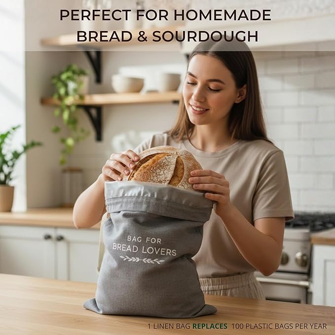 Linen Bread Bags for Homemade Bread – 2 Pack XXL Reusable Sourdough Bread Storage Bags, Keep Bread Fresh Longer, Grey Linen Bag with Drawstring and Handle, TPU Lining, Gifts for Bakers, Made in USA