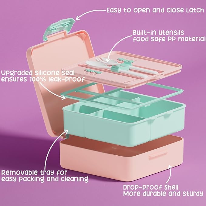 Fimibuke Bento Lunch Box for Kids, Leak Proof Toddler Bento Box with 4 Compartments BPA Free Dishwasher Safe Lunch Container with Utensils, Ideal Portion Sizes for Ages 3-12 Girls Boys for School