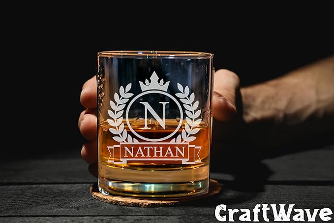 Personalized Whiskey Glass for Men, Custom Engraved Name & Initial Rocks Glasses, 11oz, Barware for Men, Father’s Day Gifts - Set of 2