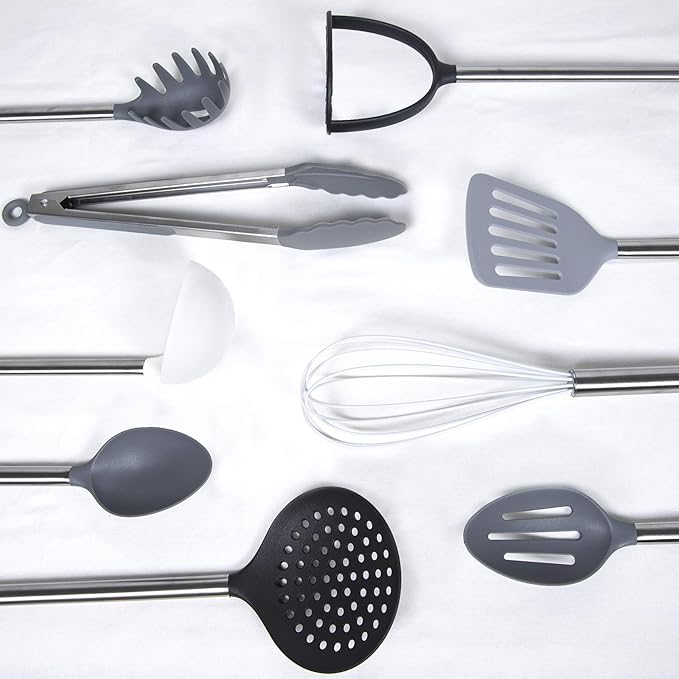 Cook With Color 10 Piece Nylon Cooking Utensil Set with Holder, Kitchen Tools and Gadgets with Rounded Copper Handles (Ombre Grey)