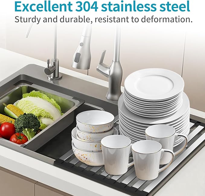 17.7" x 12.8" Roll-Up Dish Drying Rack Over Sink - Kitchen Sink Cover and Organizer Gadget with Foldable Stainless Steel Drainer and Sink Mat, Silver Dish Rack - Small