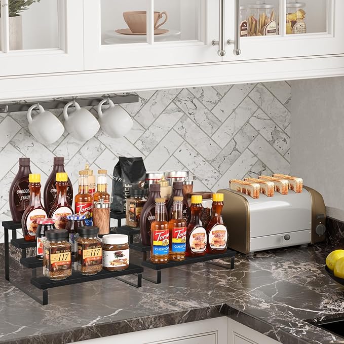 YINMIT Wooden Display Riser Stand, Tiered Perfume and Cologne Organizer Stand, 4 Tier Spice Rack Organizer, Rustic Display Shelf for Candles (4 Tier,2Pack,Black)