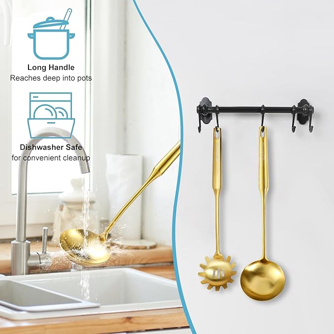 Gold Soup Ladle and Spaghetti Spoon Set - 18/10 Stainless Steel Soup Spoon，Pasta Strainer, [Heat Resistance，Integral Forming] Kitchen Utensils for Cooking，Stirring, Serving Pasta, Soup & Sauce，13.8"