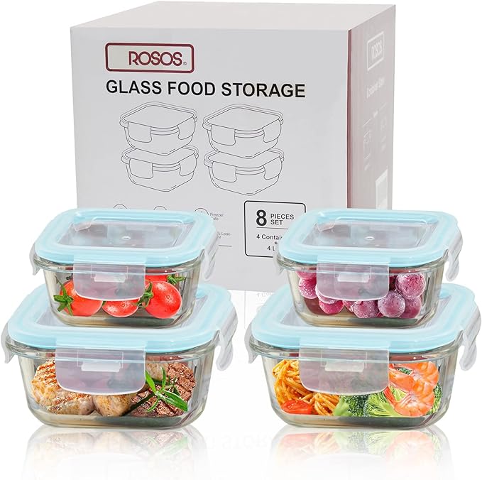Glass Food Storage Containers with Lids Airtight 4 Pack, Glass Storage Containers with Lids for Food, Not Easy Broken & Leak Proof, Glass Containers with Lids for Oven/Dishwasher Safe, Blue