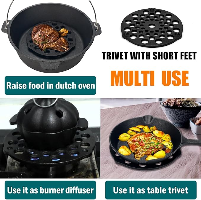 Cast Iron Trivet 2 PCS Set, 8-inch, Meat Rack, Cast Iron Grate for Dutch Ovens, Raise Food in Dutch Oven, Used as Burner Diffuser, Use Directly on Camp Fire, Used as Trivet on Table