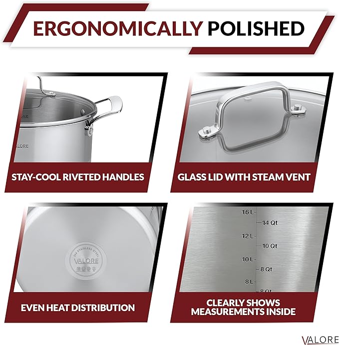 Valore 16 qt Stainless Steel Stock Pot with Lid & Canning Rack - 5-ply Soup Pot with Brushed Stainless Finish & Riveted Handles