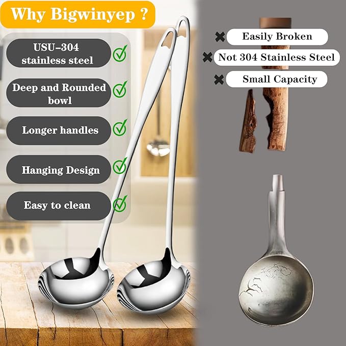 Soup Ladle 304 Stainless Steel 12.2Inch Metal Ladle, Extra Large Soup Spoon with Long Handle for Serving, Cooking, Stirring, Serving Soups, Silver