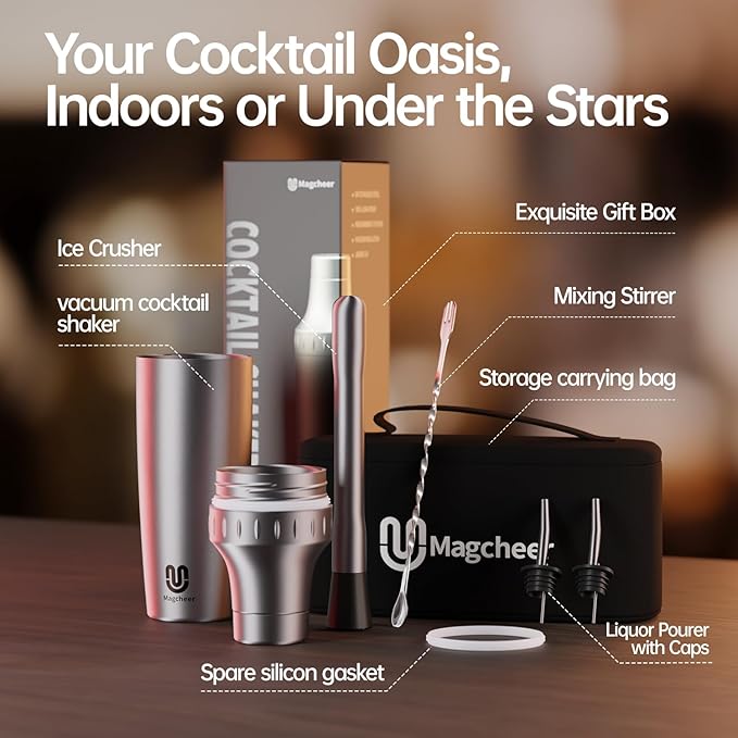 Hybrid Cocktail Shaker Set | Vacuum Insulated Stainless Steel Martini Shaker with Strainer & Jigger Lid | Travel cocktail kit with Bartender Accessory Tools | 30oz | Gunmetal Gray