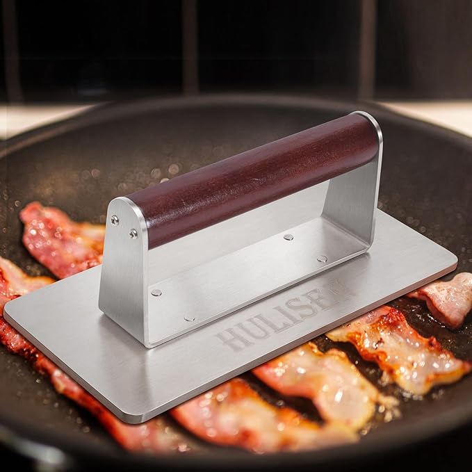 HULISEN Stainless Steel Bacon Press, 9 Inch Large Heavy Duty Burger Press with Wood Handle, Non-stick Grill Press for Griddle, Steak Weight Griddle BBQ Accessories for Panini, Sandwiches, Gift Package