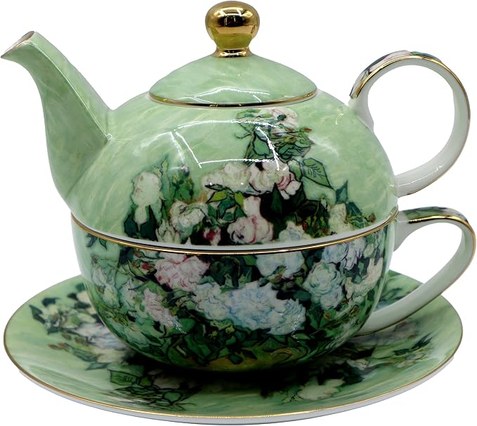 Porcelain 13 OZ Tea for One Teapot and Cup Set Vintage Floral Ceramic Tea Set European Style Tea pot and Saucer Set (White Roses)