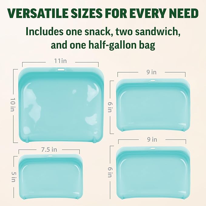 Zenlogy Reusable Silicone Snack Bag, Air-Tight Multi-Use, Freezer and Microwave Safe Food Storage Containers, Eco-Friendly alternative to plastic bags 4 Pack (1 Snack, 2 Sandwich, 1 Half Gallon Size)