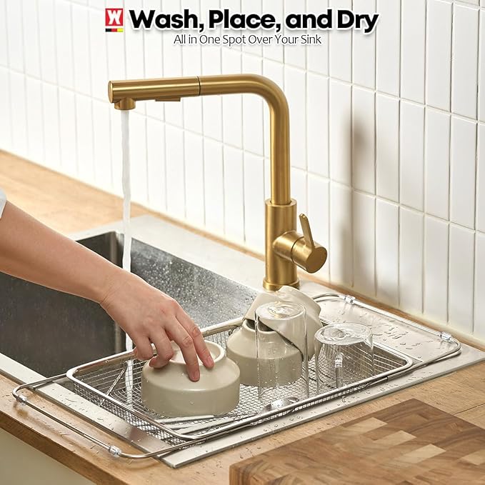 Extendable Dish Rack with Feet, Vegetable Colander Basket, Stainless Steel Dish or Silverware Drying Rack, Ultimate Kitchen Organizer Over The Sink (14.76 x 10.63 x 3.15 Inches)