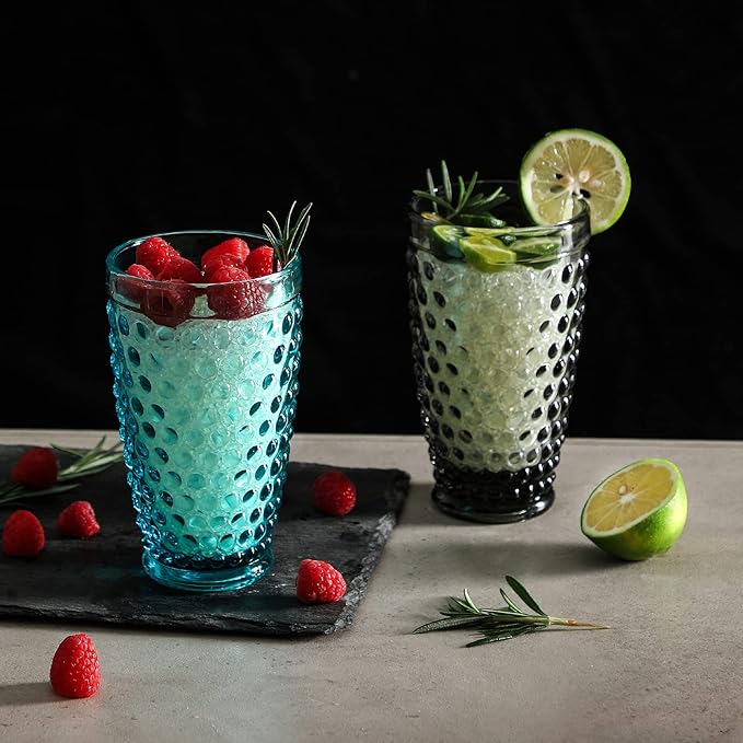 G 6 Set Grey Drinking Glassee,13.3oz Hobnail Highball Glassware, Embossed Vintage Tumbler Glasses Set For Beer, Juice, Whiskey, Cocktail, Milk，Dishwasher Safe,Gift Box packaging