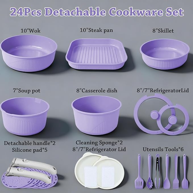 24 Pcs pots and pans set,pots and pans set non stick,Oven-safe and dishwasher-safe,PFAS/PFOA Free,Induction Dishwasher Oven Safe cookware set (Purple)