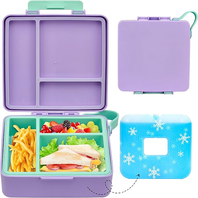 Chill Bento Lunch Box for Kids Adult with Ice Pack,Leak Proof 3 Compartments Lunch Container for Kids,Ice Pack Detachable Bento Box,BPA Free,Dishwasher & Microwave Safe-Purple