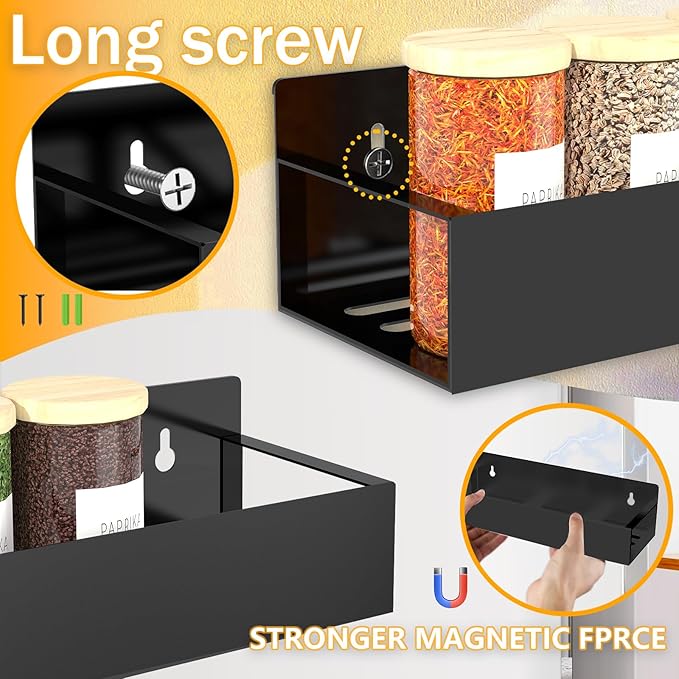 Magnetic Spice Rack Organizer for Fridge Seasoning Organizer for Kitchen storage with Screw Magnetic Shelf for Refrigerator and Oven(6pack-Black)