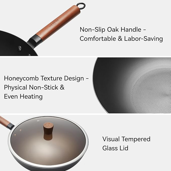 WANGYUANJI Iron Wok 12.6 inches,Wooden Handle Chinese Iron Pot Carbon Steel Wok Non-Coated Stir Fry Pan,Suitable for Home Cooking, Compatible with Induction, Gas, and Electric Ceramic Cooktops