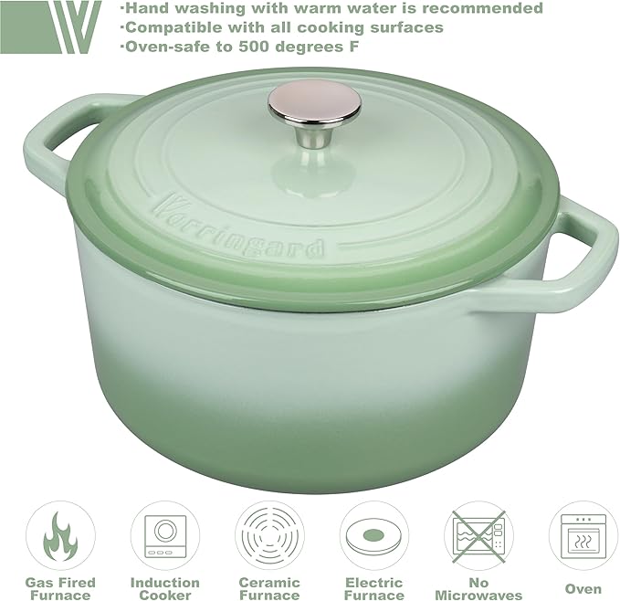 Enameled Cast Iron Dutch Oven Pot with Lid, for Bread Baking, Round Bread Oven- include Sourdough Bread Baking Supplies Set, 6QT, Green