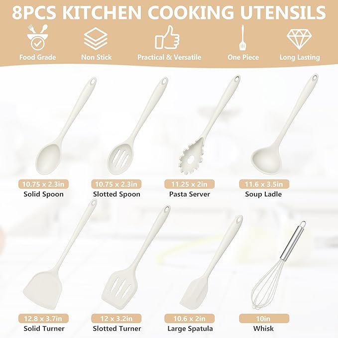 TeamFar 8 PCS Silicone Cooking Utensils - 446°F Heat Resistant Kitchen Silicon Utensils Set, Turner, Spatula, Spoon, Whisk, Kitchen Cooking Gadgets Tools for Nonstick Cookware, Dishwasher Safe-White