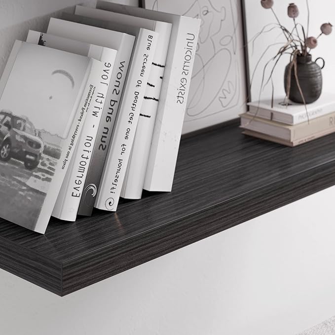 Floating Shelf, Set of 2 Wall Shelf, 24 in W x 12.75 in D x 2 in H Wooden Floating Wall Shelf with Invisible Brackets for Living Room/Bedroom/Bathroom/Kitchen Storage and Decor, Black Wood
