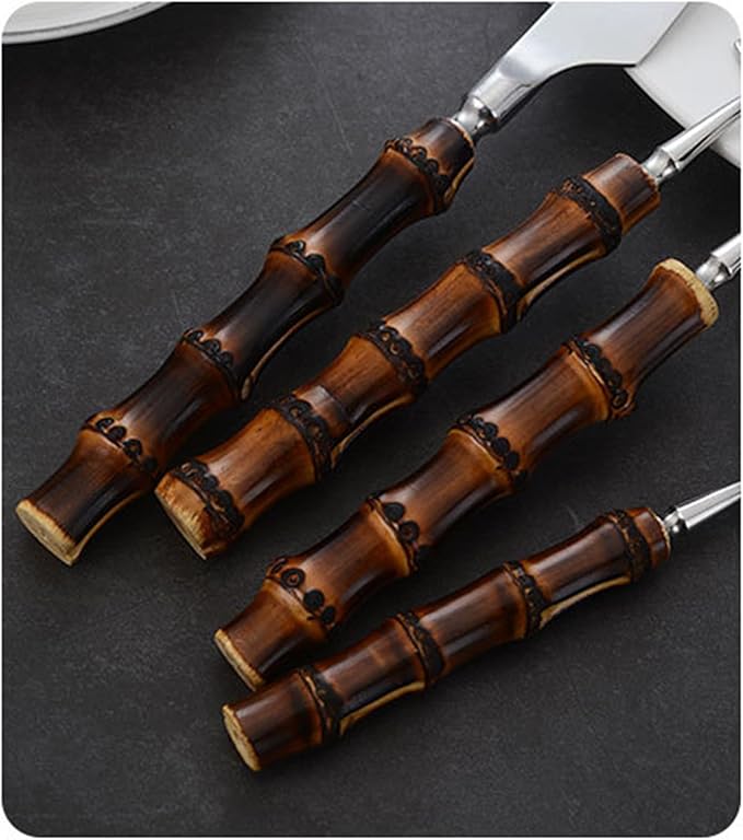 Wood Bamboo Silverware Set for 6 Cutlery Flatware Set Elegant Tableware Stainless Steel Cutlery Utensil Sets for Home Kitchen Restaurant Wooden Handle Dishwasher Safe 24 Pieces